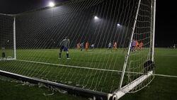 Football / Soccer Goal scored from behind the Goalposts (Night) Stock Footage