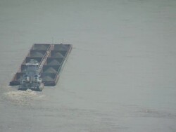 WS Tugboat moving coal filled barge in river / Memphis, Tennessee, United States Stock Footage