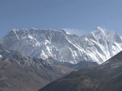 WS ZI View of Nuptse Lhotse Everest Range and Mount Everest / Pangboche Khumbu Region Nepal Stock Footage