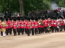 MS Shot of Queen's Birthday Parade in Trooping Colour at Whitelhall AUDIO / London, United Kingdom Stock Footage