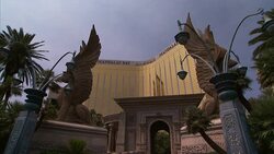 Winged griffin statues front the entrance of the Mandalay Bay Resort and Casino in Las Vegas, Nevada. Stock Footage
