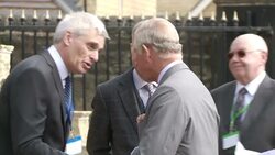 The Prince of Wales visits Abraham Moon and Sons' vertical woollen mill. News Clip