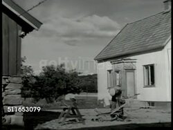 1949: SWEDEN FARMLANDS: WS Grain field, farmhouses BG. WS Swedish farmer fixing harrow. MS Hammering harrow. VS Farmers piling hay w/ pitchfork. Instructional Video
