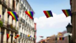 Rainbow Flag Gay Rights Pride in Madrid, Spain Stock Footage