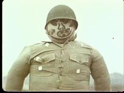 1950s MS Dummy soldier with painted face at Camp Desert Rock at Nevada Test Site / Nye County, Nevada, USA Stock Footage