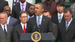 President Barack Obama welcomed the Boston Red Sox at the White House to celebrate their World Series title. After slugger David Ortiz presented a Red Sox jersey to Obama, the pair took a selfie. (April 1) News Clip