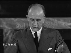 1944: NEW YORK CITY: WS Street scene, people walking crowded sidewalk. Political commentator Sumner Welles speaking at podium (No SOT). MS 'The Time for Decision' books by Welles on display. Instructional Video