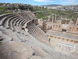 An amphitheatre in the ancient roman city of Gerasa in Jerash, Jordan Stock Footage