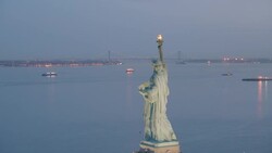 'MS TS AERIAL Shot of statue of liberty / New York City, United States' Stock Footage