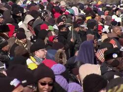January 20, 2009 MS MONTAGE Sections of the crowd at the inauguration of Barack Obama/ Washington DC / Washington DC / AUDIO Stock Footage