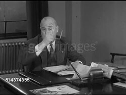 1952: SECRETARY OF COMMERCE: MS Title, MS Empty chair at Cabinet table. MS Charles Sinclair Weeks (1893-1972) looking over papers, MS Sinclair SOT at desk saying will endeavor to stimulate development of industry, transportation & commerce. Instructional Video