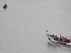 MS View of Boats travelling on Huangpu River / Shanghai,  China Stock Footage