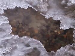 CU forest river flowing under ice in winter time, air-hole / Moscow, Russia Stock Footage
