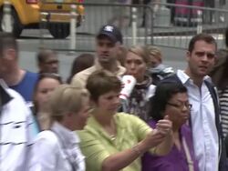 ATMOSPHERE: Fans at the Jennifer Lopez Unveils 'Be Great' Youth Advocacy Campaign Billboard Stock Footage