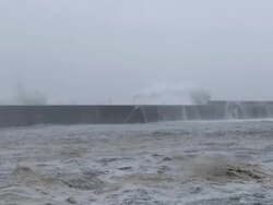 Huge Waves Crash Into Sea Wall In Hurricane Stock Footage