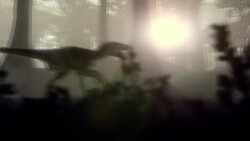 Furry Deinonychuses run through a jungle in a computer-generated animation. Stock Footage