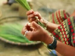 CU SLO MO Shot of tying long green grass together / Muang Ngoi, Luang Prabang, Laos Stock Footage