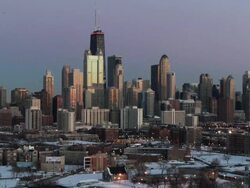 WS View of city skyline at dusk in winter / Chicago, Illinois, USA Stock Footage