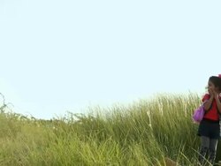 Girl playing with white pigeons in the forest, Haryana, India Stock Footage