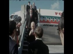 SYND 13-3-73 AIRPORT ARRIVAL LEBANESE PREMIER SALAM GREETED BY MOROCCAN PREMIER OSMAN News Clip