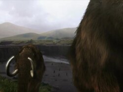 Medium Long Shot static - Mastodons roam near East River in a computer-generated animation. / New York City, New York, USA Stock Footage
