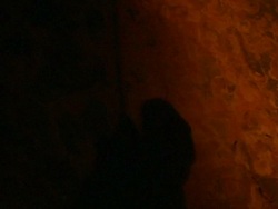 Panning medium close up of shadow of bushman walking past rock carving Stock Footage