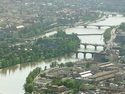 WS AERIAL ZI ZO View of bridges in city / Prague, Czech Republic Stock Footage