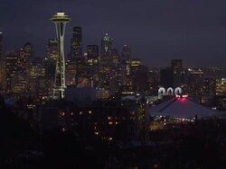 WS TU Skyline with Space Needle at night / Seattle,Washington,USA Stock Footage