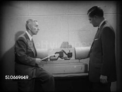 1952: OUR ATOMIC DEVELOPMENT: WS U.S. Admiral George Rickover (1900-1986, Father of Nuclear Navy) w/ unidentified male using model to demonstrate nuclear-powered submarine engine operation, rods rising, propellar turning.  Naval reactor, reactors. Instructional Video