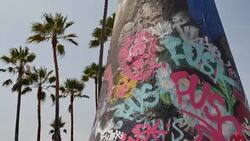 Graffiti covers the Public Art Walls, surrounded by palm trees, near the beach at the Pacific Ocean in Venice, California Stock Footage