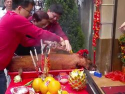 MS Shot of Three men cutting roasted pork for Chinese New Year tradition / Hong Kong, Special Administrative Region, China Stock Footage