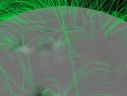 Starting with an animated view of SOHO EIT data, we fade to a coronal loops model constructed from SOHO MDI magnetogram data and the PFSS model. After a spin around the model, we zoom in for a through the loops fly-through Stock Footage