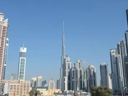 WS View of Construction and new skyline of amazing Dubai UAE with worlds tallest building Burj Khalifa at 2722 feet and 162 stories / Dubai, United Arab Emirates Stock Footage