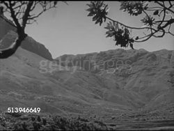 1940s: AGRICULTURE: VS Mountains &amp; valleys of South Africa region, two young Africans walking across plain, herd of oxen walking &amp; pulling wagon. Bantu, native Instructional Video