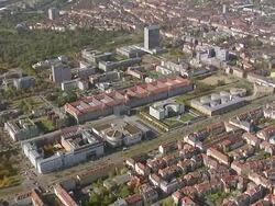WS AERIAL ZI View of city to buildings / Karlsruhe, Baden Wurttemberg, Germany Stock Footage