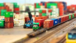 HD timelapse,miniature crane working with container on train Stock Footage