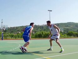 HD:Slo-Mo Shot of Basketball Players Performing Jump Shot and Block Stock Footage