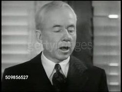 1947: YOUNG CONFERENCE: CU Sign 'Transportation Building.' INT WS Industrialist Robert R. Young in conference talking w/ reporters. MS Reporters writing. REPRISAL: CU Young '...restore courtesy, efficiency & earning power to the American railroads...' Instructional Video