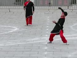 MS TS Boys Performing Wushu during chinese spring festival in Tang Paradise  AUDIO  / xi'an, shaanxi, china Stock Footage