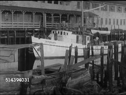 1952: PORTLAND HIGH SCHOOL WORKSHOP: VS Boat w/ Portland H.S. students driving into port from Portland Harbor, throwing rope, docking. Maine, ME, Dr. James Flanagan, Old Port district, outdoor lesson, field lesson Instructional Video