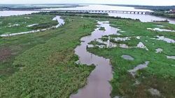 Old River and Lost lake Swampy Wetlands Aerial Fly over Texas Coastal Area Stock Footage
