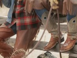 TD Cowboy and cowgirl sitting on fence eating lunch with dogs at their feet / Shell, Wyoming, United States Stock Footage