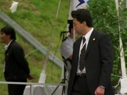 MS TS Shot of television news crews working outside during G8 meeting / Hokkaido Toyako, Japan Stock Footage
