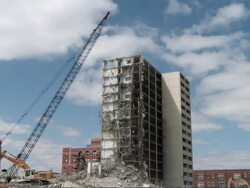 WS View of hydraulic shear building demolition / Chicago, Illinois, USA Stock Footage