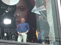 Nick Lachey, host of VH1â€™s Big Morning Buzz Live & his guest Marlon Wayans (A Haunted House 2) in the window Stock Footage