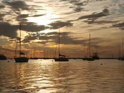 WS SLO MO View of sun rising over harbour with various boats on water / Boston, massachusetts, United States Stock Footage