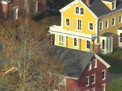 MS AERIAL View of houses and church in Searsport town / Maine, United States Stock Footage