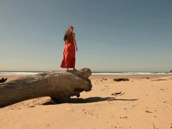 Woman on windy beach Stock Footage