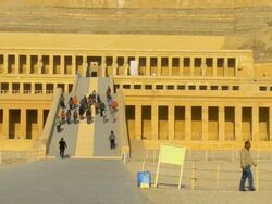 WS PAN Tourist walking stairs of Hatshepsut's temple, Deir el-Bahri / Luxor, Egypt Stock Footage