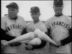 B/W 1962 Giants Harvey Kuenn, Willie Mays, Matty + Felipe Alou posing with bats / newsreel Stock Footage